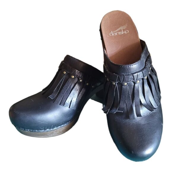 DANSKO ' DENI ' LEATHER MULES FRINGE STUDDED BLOCK HEEL CLOGS SHOES WOMENS 39 - Picture 3 of 9